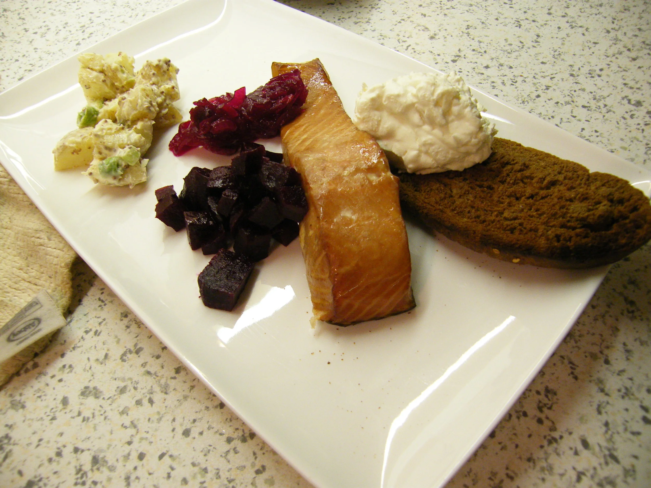 Hot Smoked Salmon, Beetroot Relish and Black Bread