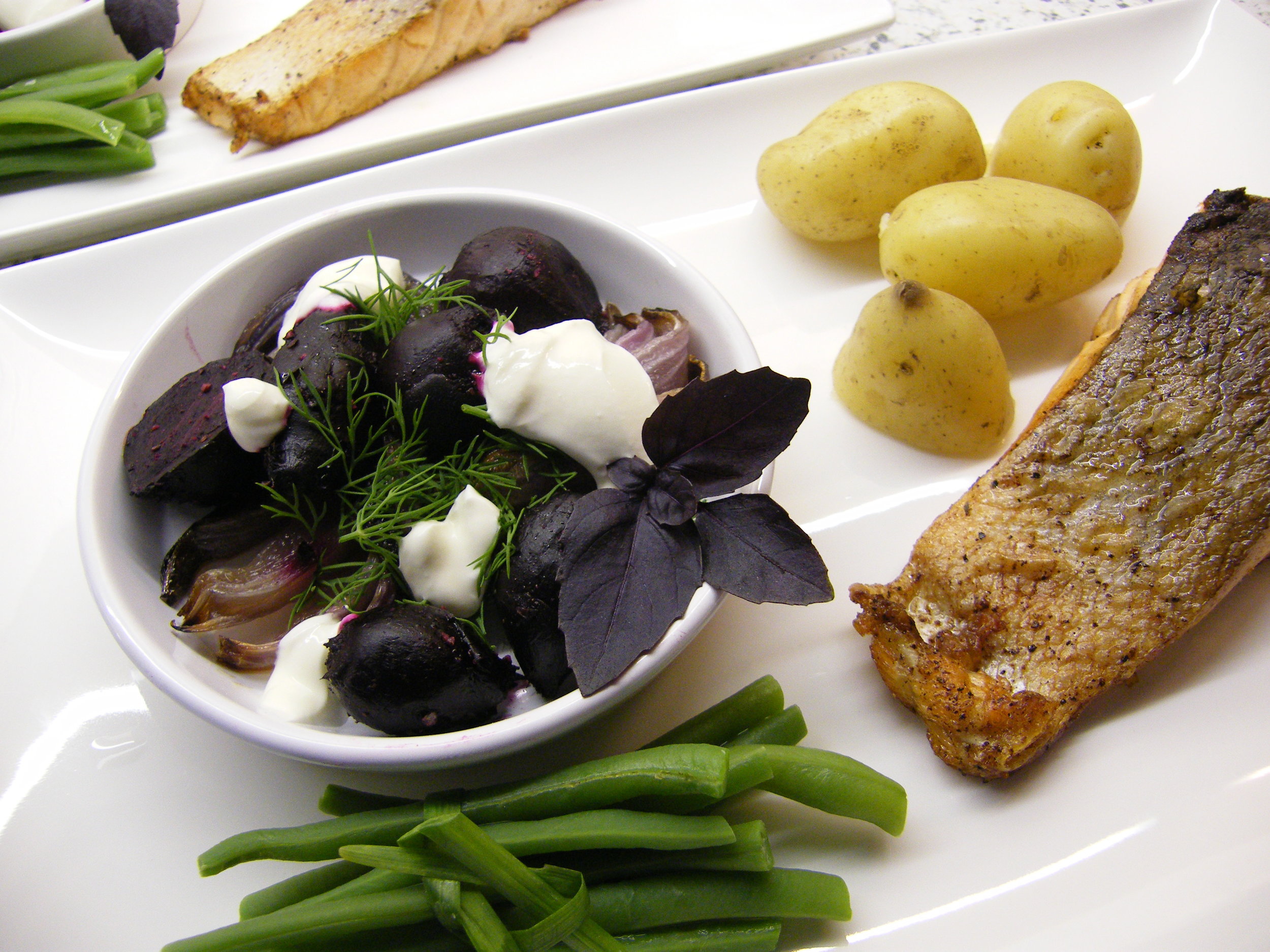 Pan-fried Salmon with Warm Beetroot, Red Onions and Dill Cream