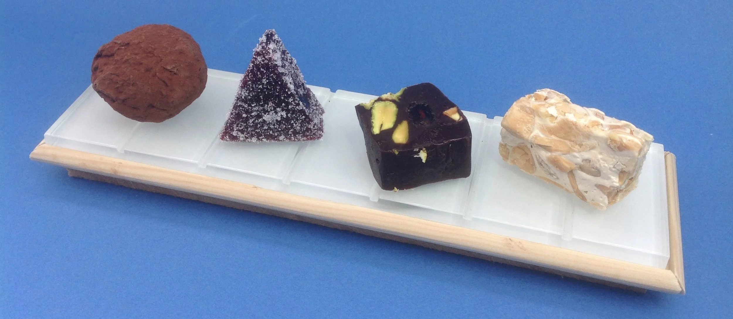 Salted Caramel and Peanut Truffles / Blackberry and Liquorice Jellies / Bitter Chocolate, Pistachio and Raisin Fudge / Nougat