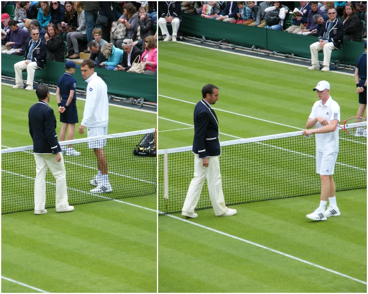 13:00 - Jerzy Janowicz poses with a reasonably tall umpire for appreciation of his 6ft 8in height. Kyle Edmund accepts defeat in that department. 