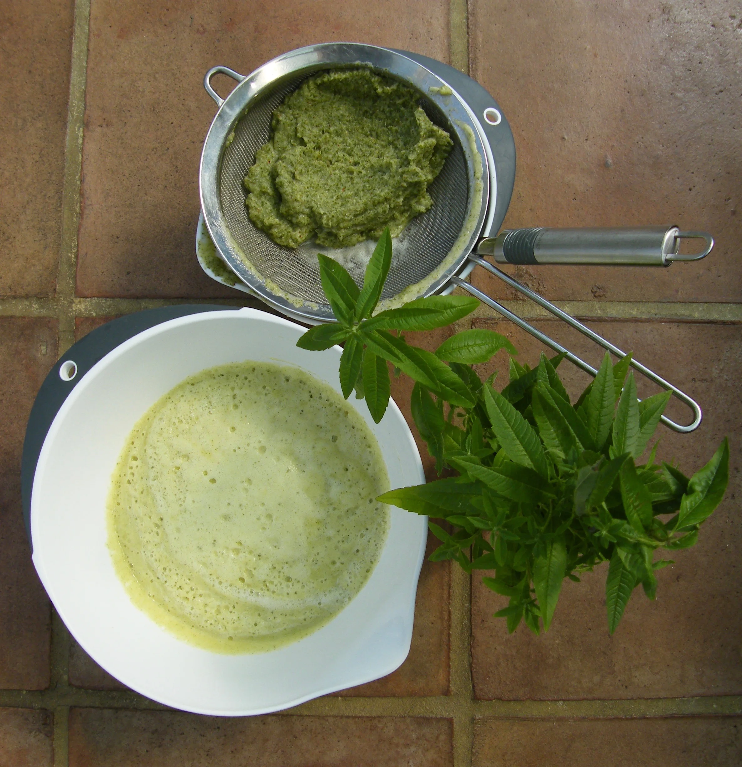 Pineapple and lemon verbena sorbet. Passed through a fine sieve and ready for ice cream churner