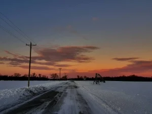 My cousin Jordana in Delaware took this photo of a snowy country road at sunset, and it makes me calm and homesick.