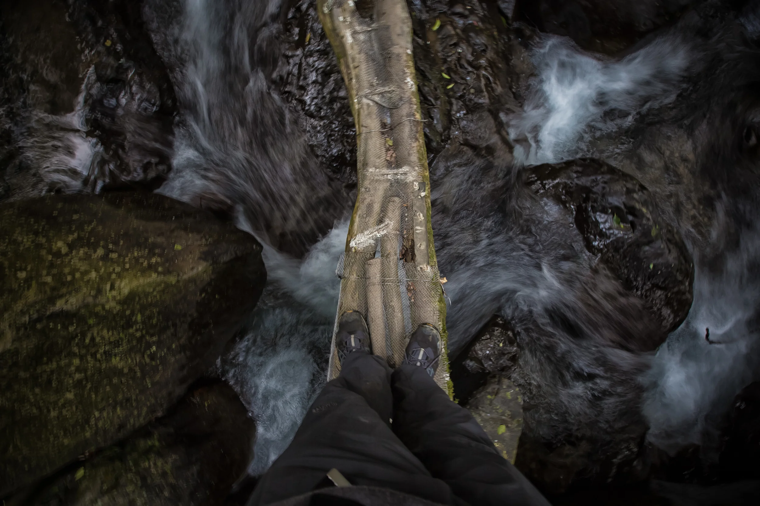 - Carefully walking over the river