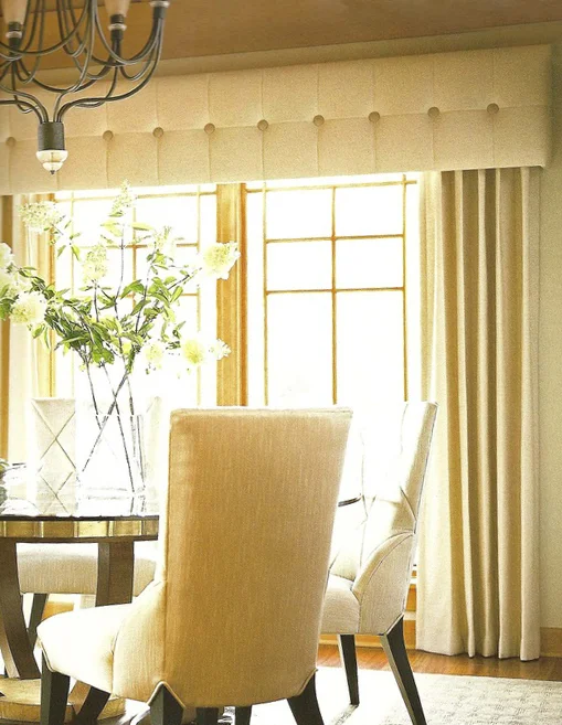 Deep buttoned pelmet with curtain