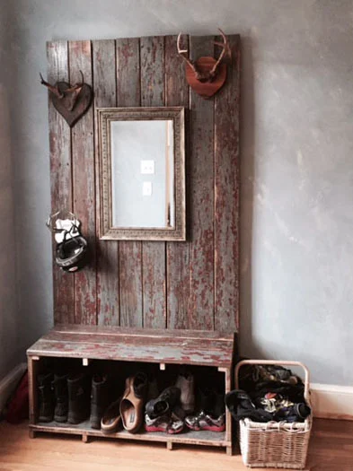 topher transformed the old painted wood from his front porch (below) into this entryway console. Photos by topher paterno.