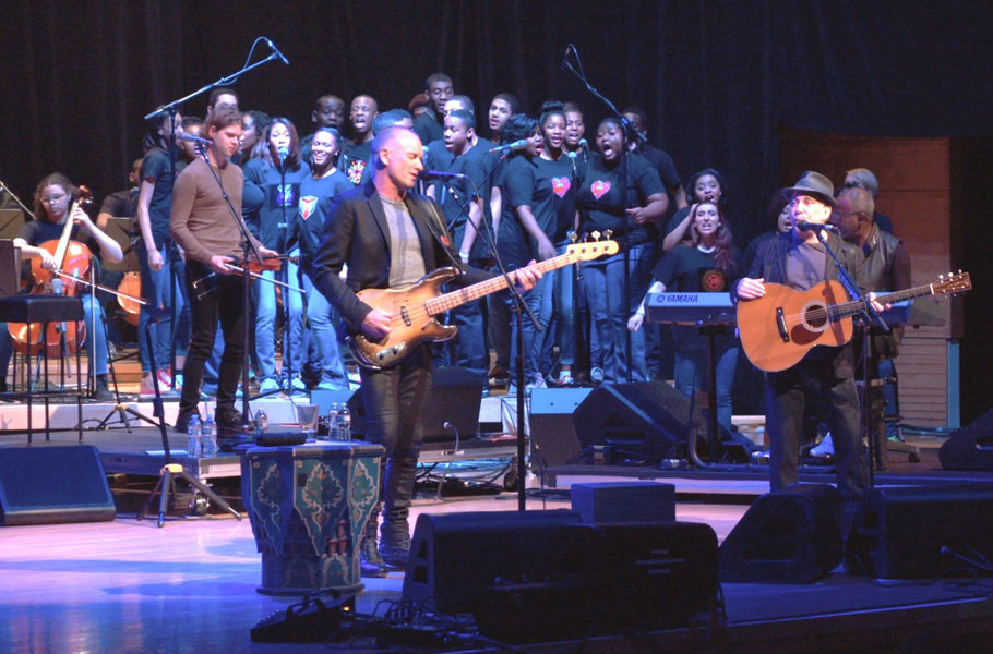 Sting and Paul Simon with Duke Ellington students onstage at Strathmore Hall at 2014’s Performance Series of Legends. the 2015 benefit features bobby McFerrin at the warner theatre on may 20.