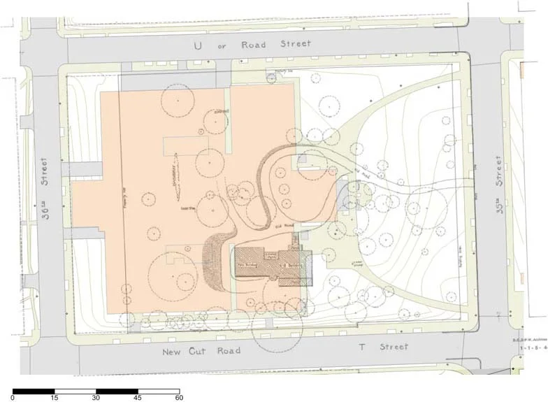 On this 1894 survey plan of the Cedars, “New Cut Road/T Street” is Reservoir Road today; “U or Road Street” is R Street.