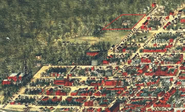 Outlined in red, the original Cedars was a few blocks north of Georgetown University. (Detail: The national capital, Washington, D.C. Sketched from nature by Adolph Sachse, 1883–1884. Library of Congress Geography and Map Division. 75693178.)