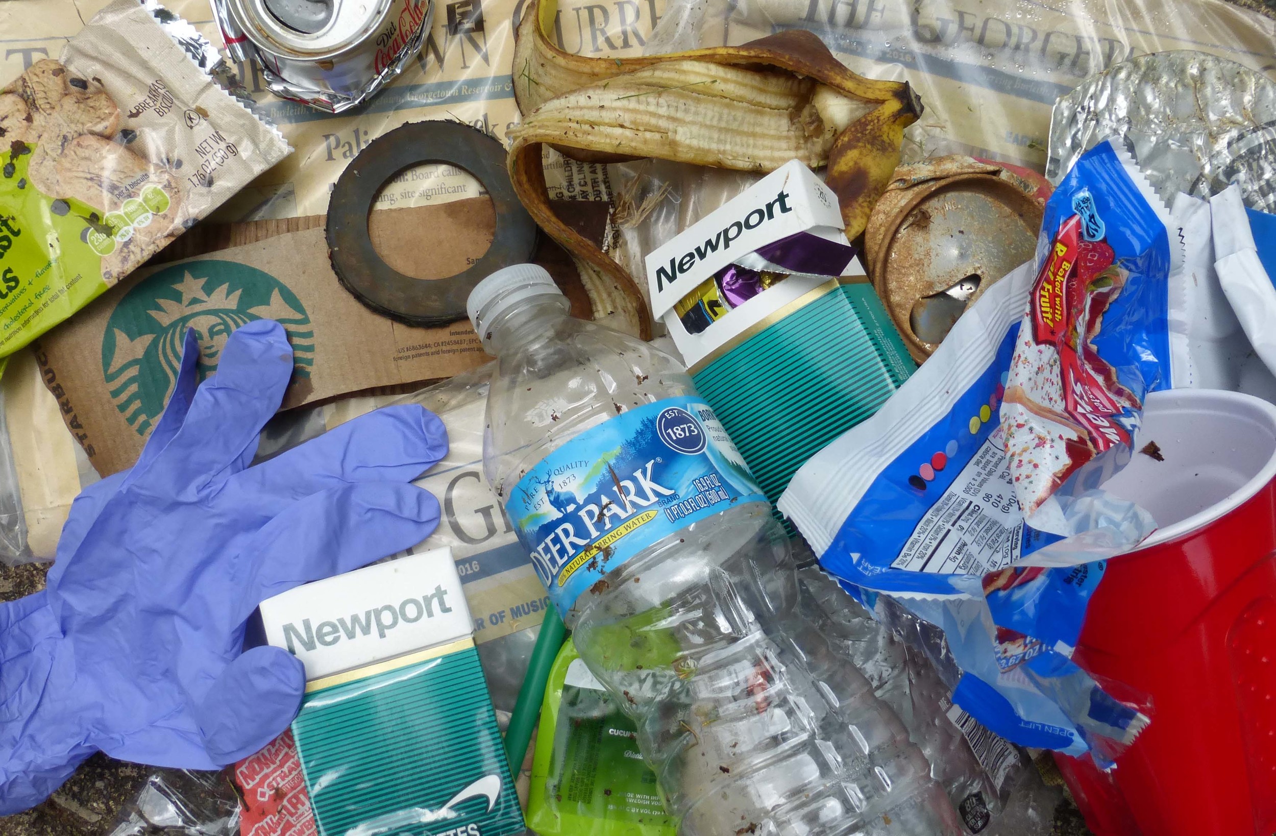 a five-minute walk around the block yielded this pile of litter, recyclables, and garbage.