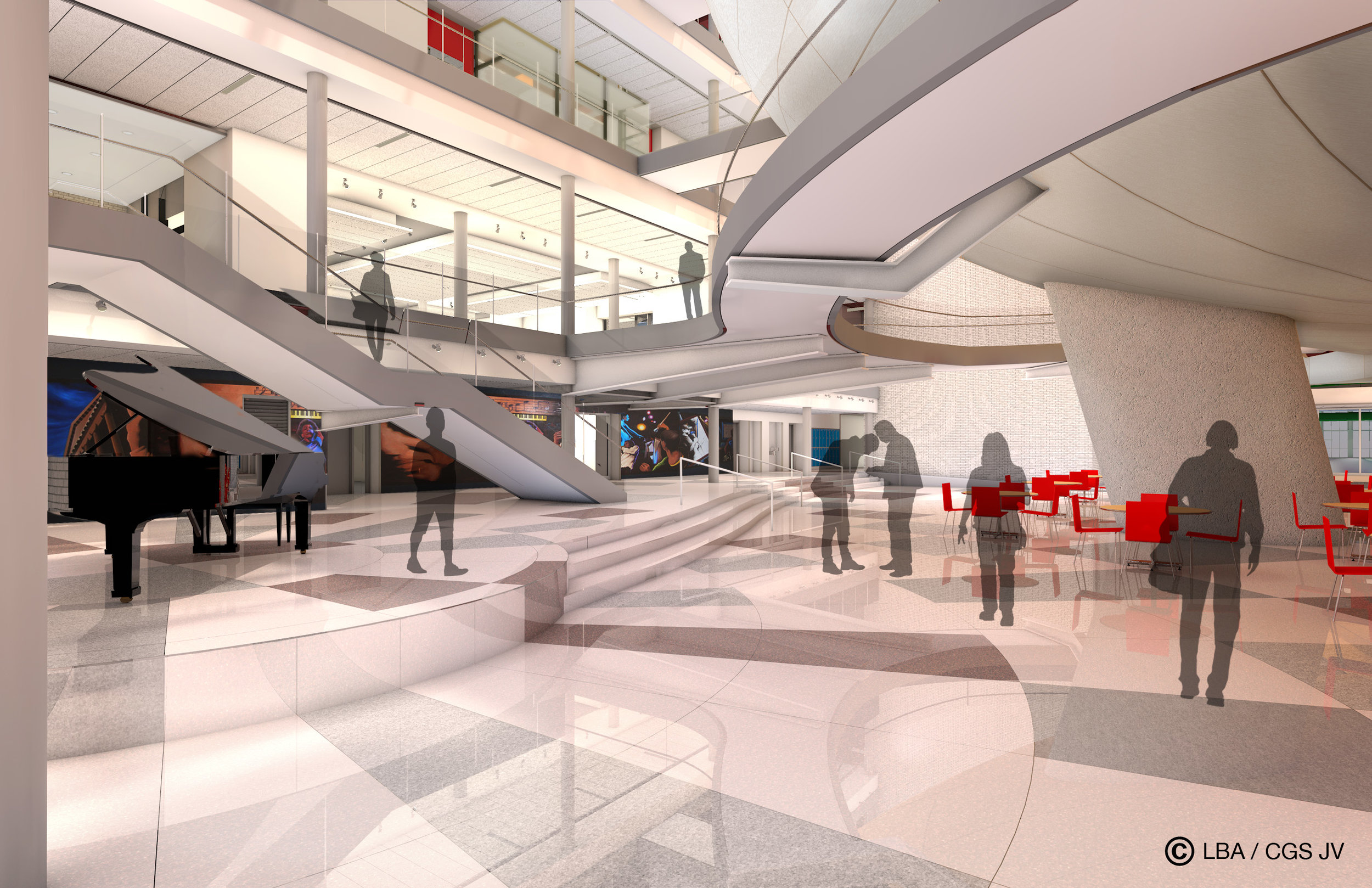 Rendering of ground floor of atrium looking southeast with the theater above.