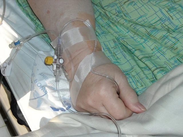 Longer term intravenous access via a peripherally inserted central catheter (a PICC). biker_becca