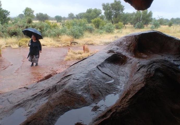 View from a flour grinding stone in the 'Kitchen Cave' on a rainy day, 2012. © Claudia Jocher 2017