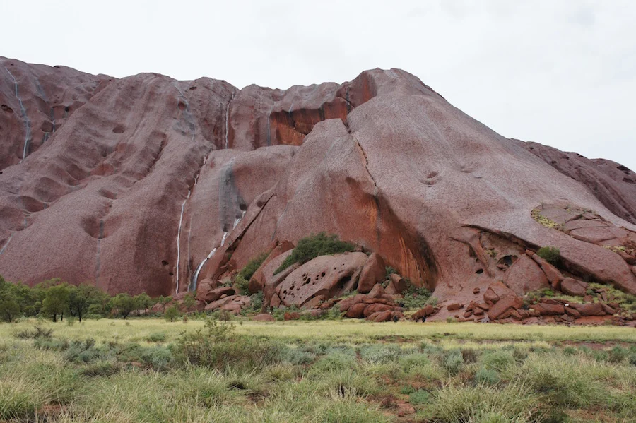 Beginning of the Mala Walk at the base of Uluru during rain. How big is it? Look closely -- there are three people visible as dark shapes in the right third at the Rock base. © Janelle Trees 2017