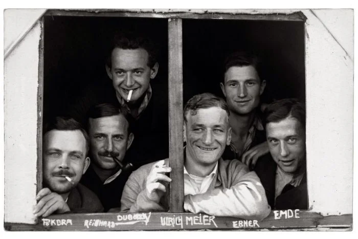 Interned German photographer Paul Dubotzki (upper left) with fellow prisoners in 1915 at the Torrens Island camp, SA, before being sent to Trial Bay Gaol.