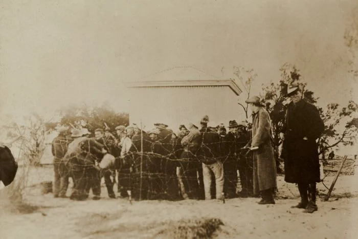 'The Sheep Pen'--a wire cage in which Germans, Austro-Hungarians, Poles and Australians of German ancestry were kept for 30 days at the Torrens Island camp. Photo by Paul Dubotzki .