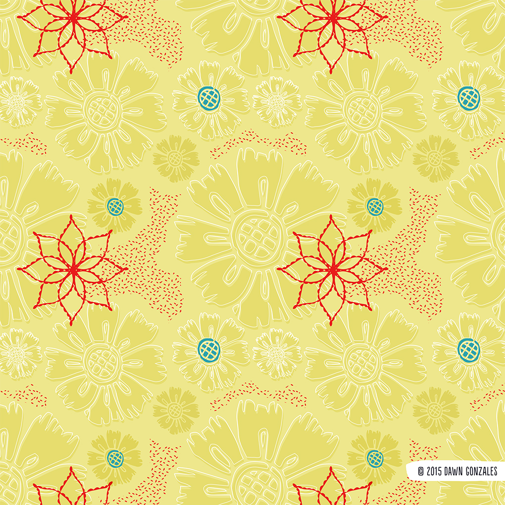 Folk Flower Repeat in Yellow