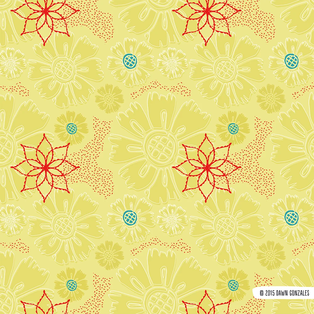Folk Flower Repeat in Yellow