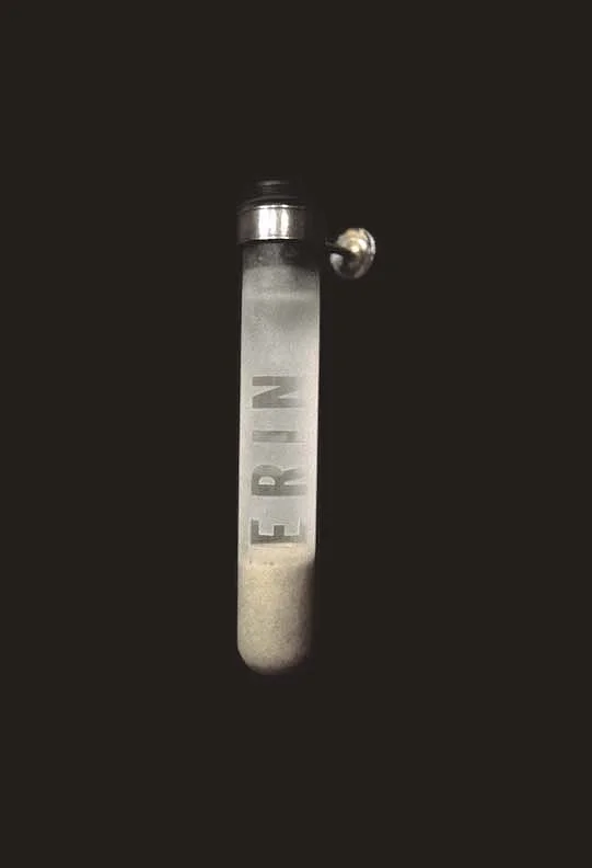 "Erin" 1998, detail, glass test tube, locational sample of sand and ocean water