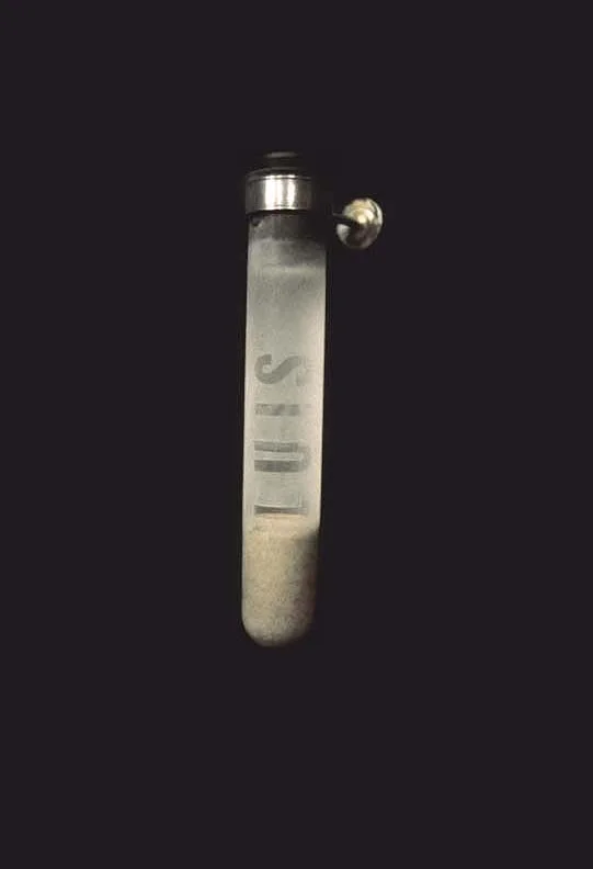 "Luis" 1998, detail, glass test tube, locational sample of sand and ocean water