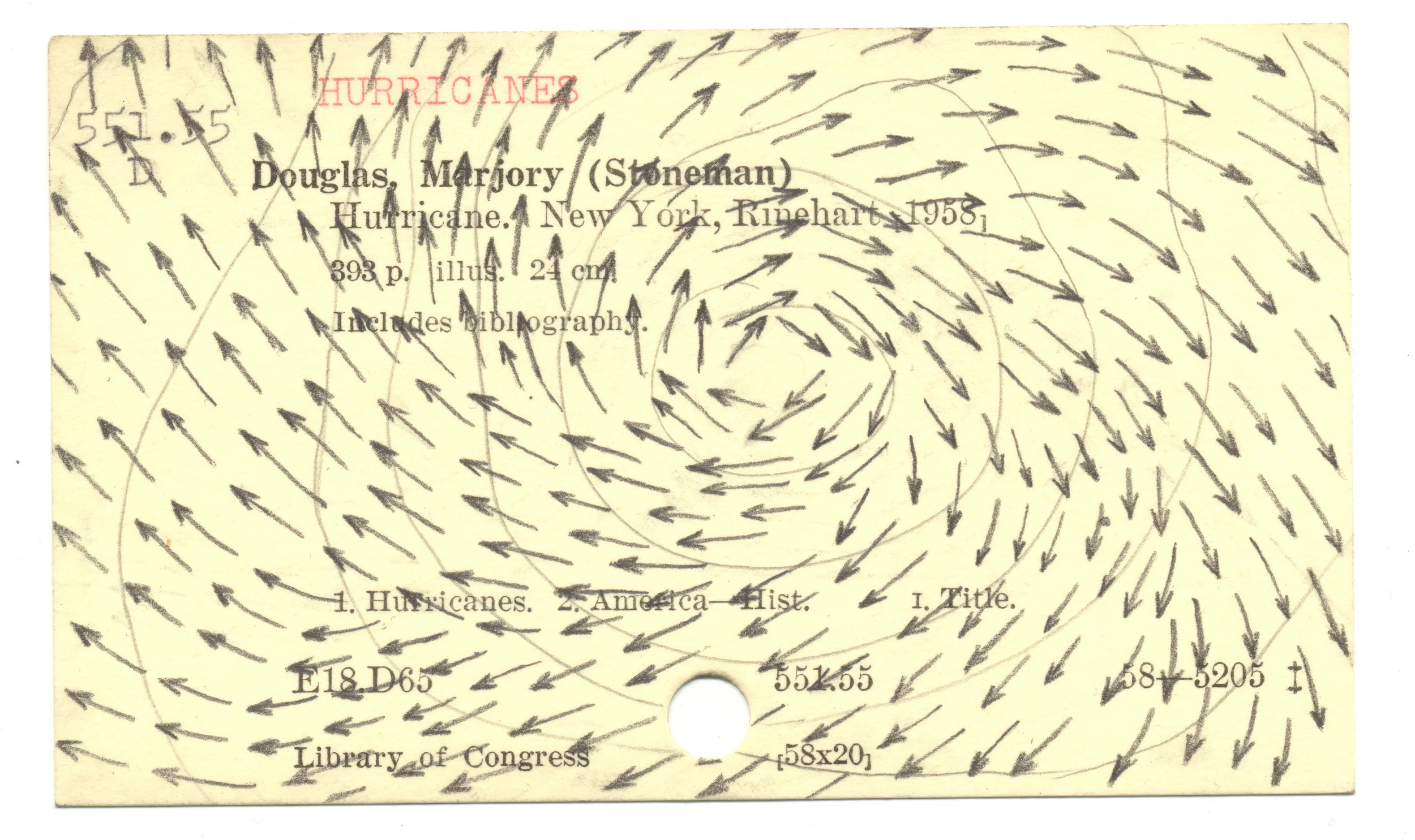 "Hurricanes" 2003, graphite on 3x5 library card