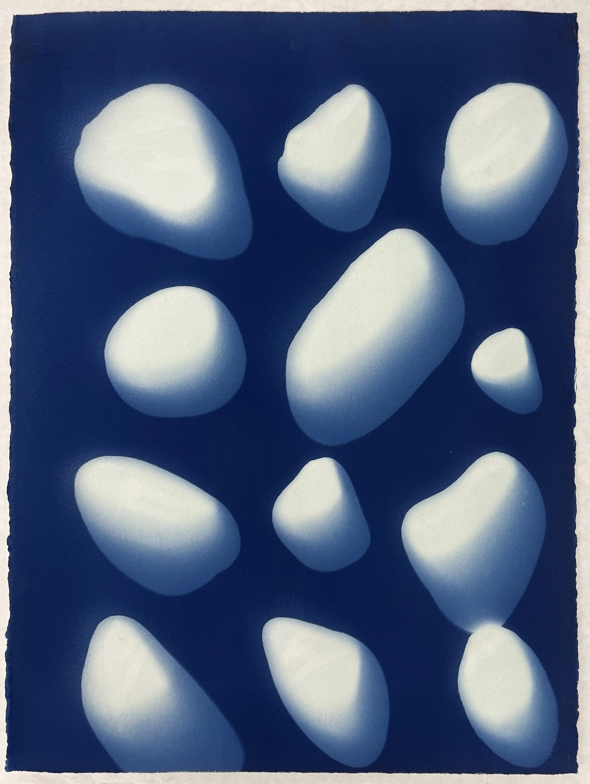  “Rocks and Stones: Matunuck, RI” 22x30” cyanotype, samples taken from surf spot upon exiting the water after surfing, 2024 