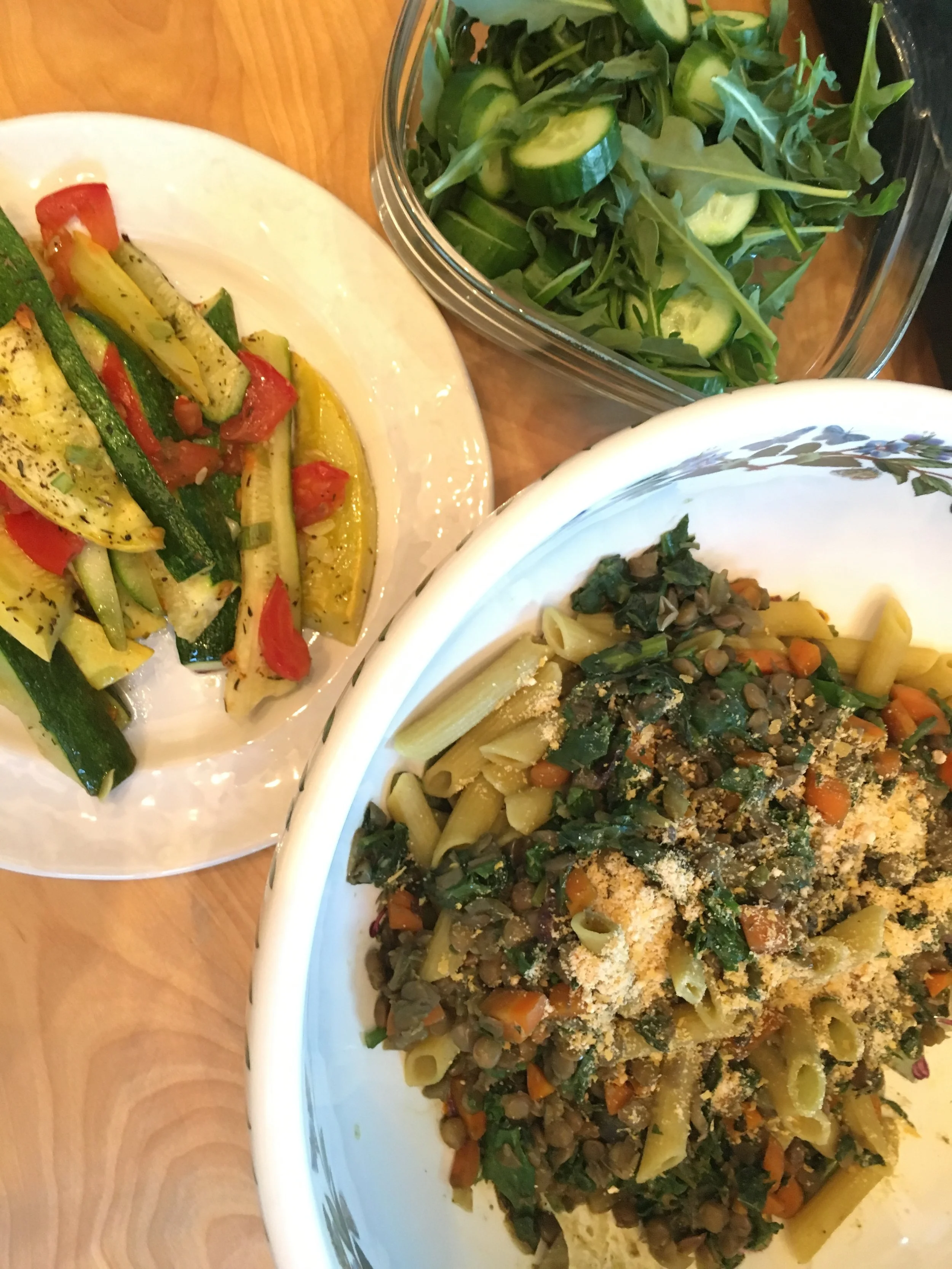 Lentil Pasta w Greens &amp; Cashew Vegan Cheese; Roasted Green &amp; Yellow Squash; &amp; Arugula Salad