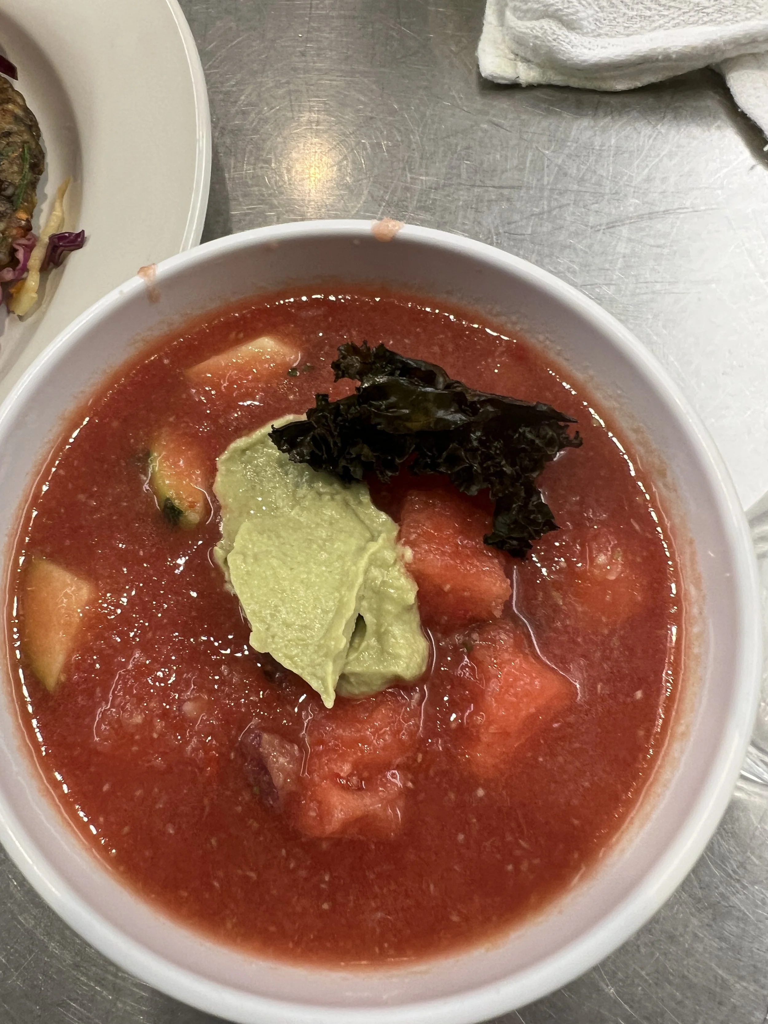 Watermelon Gazpacho w Kale Chips and Cashew/Avocado Creme   (recipe from ICE cooking class)