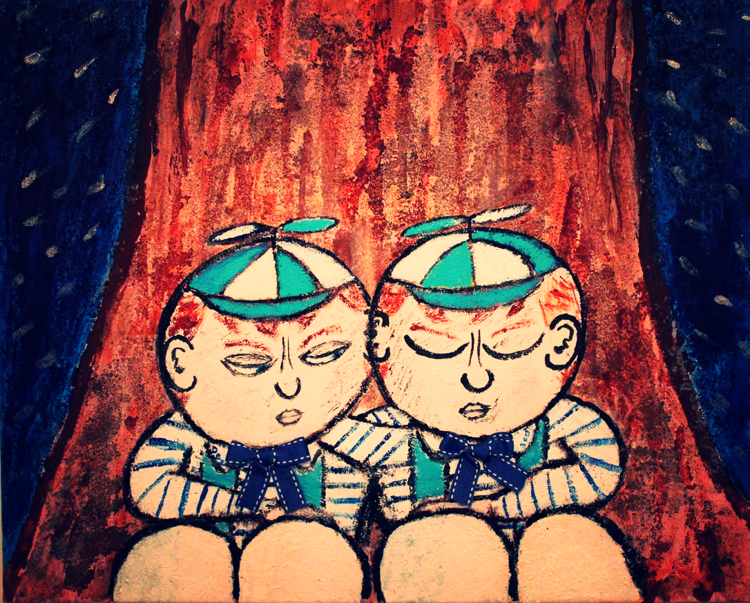 "Brothers' Keepers" - The Brothers Tweedle by Stylés Akira (Acrylic, Sand, and Ribbon on Canvas)