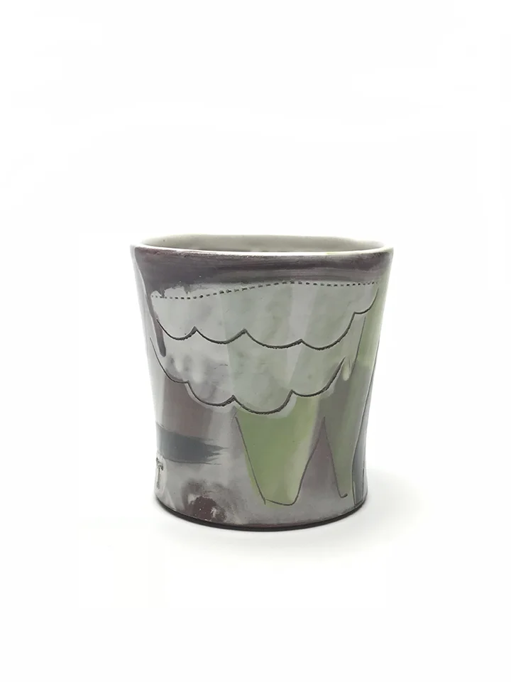 Whiskey Sipper, Earthen Red Clay, Slips, Underglaze, Glaze, Electric Fired ^6, 2018.