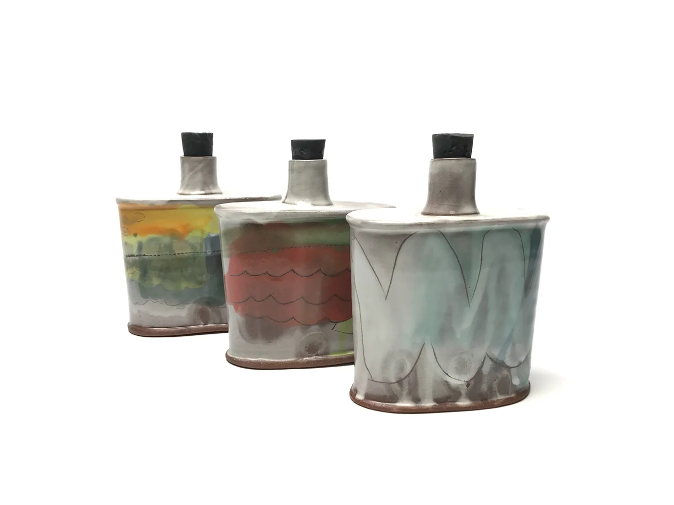 WHISKEY FLASKS, 5 X 4 X 1.5” EA, EARTHEN RED CLAY, SLIPS, UNDERGLAZE, GLAZE, 2018