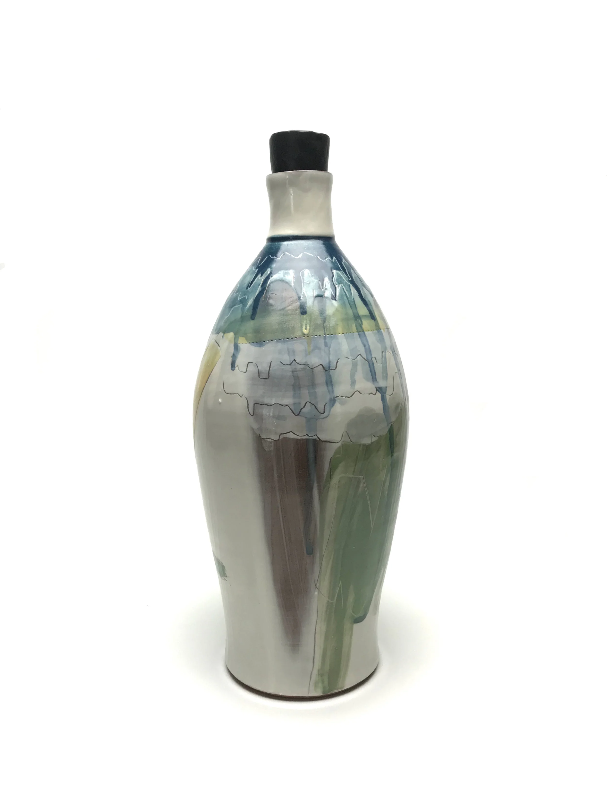 WHISKEY BOTTLE, 15 x 6 x 6", EARTHEN RED CLAY, SLIPS, UNDERGLAZE, GLAZE. 2019