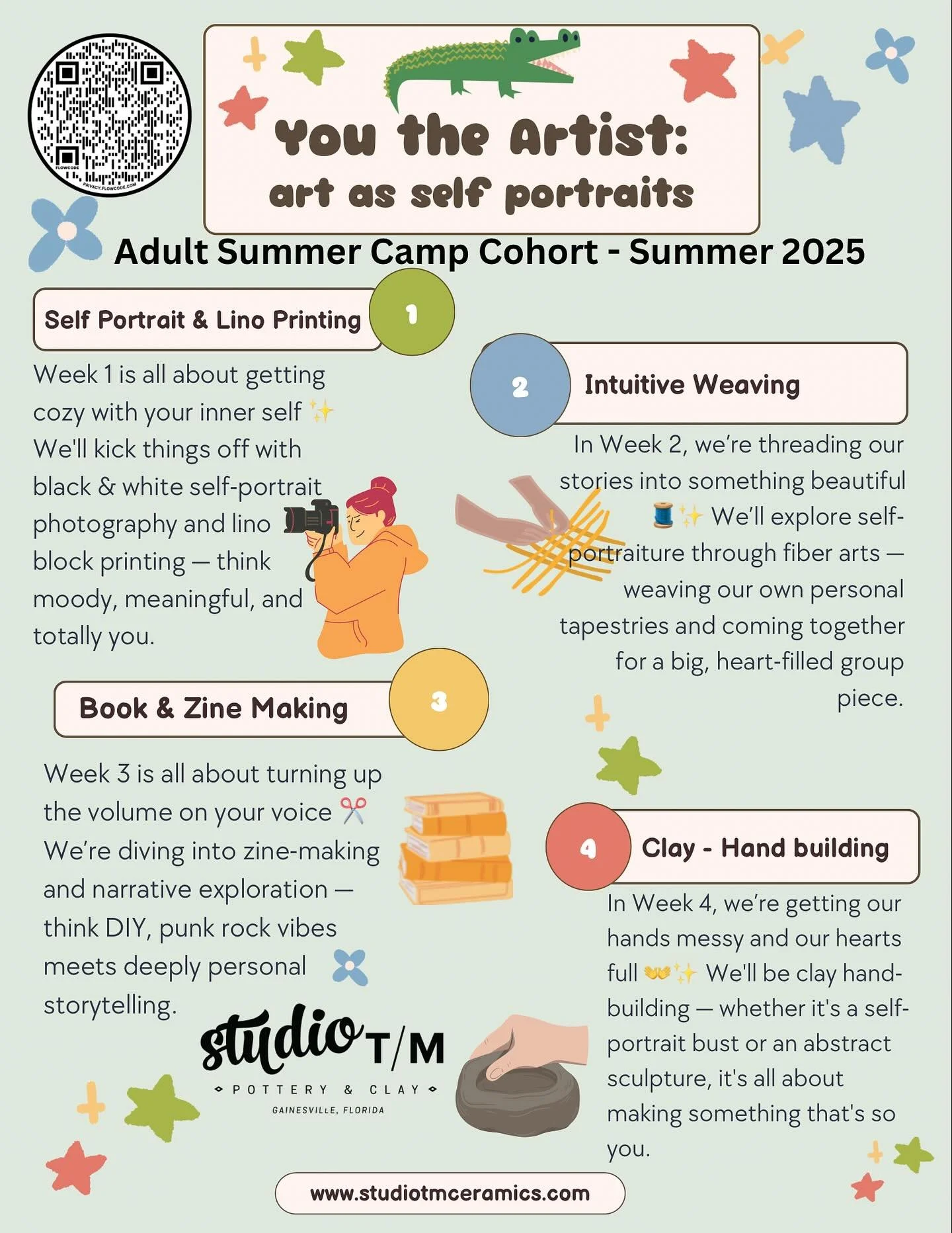 You asked for ADULT ART CAMP and we built it!! 🤗🤗 starting on July 28th at our Meet and Greet 1st class, you&rsquo;ll make your own sketchbook, meet your cohort clsss mates, and start making! We do new materials every two weeks, learn new skills, m