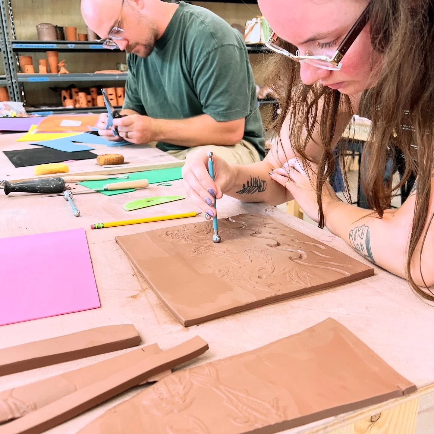 Our Sunday Handbuilding class rocked out some slab built lamps this weekend! We used a combination of foam cutouts, textured rollers and stamps to decorate our surface before assembling them! We can&rsquo;t wait for you to see them when they&rsquo;re