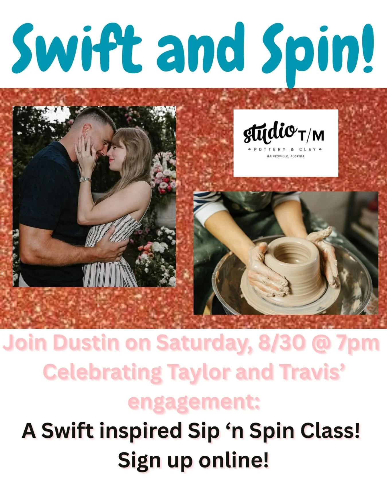 We&rsquo;re celebrating back to school and the Taylor Swift and Travis Kelce engagement this weekend for a Swiftie inspired Sip n&rsquo; Spin! Let our resident Swiftie and Chiefs expert lead you through this eventful evening of making! Sign up in the