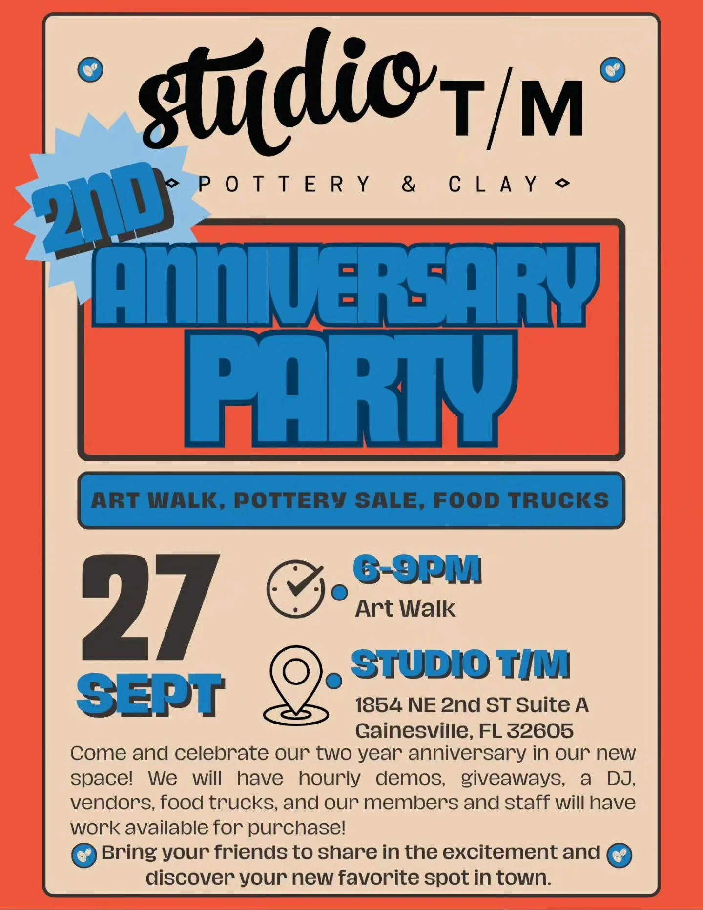 We're so excited to welcome you to Studio T/M's second&nbsp;anniversary&nbsp;party and to celebrate alongside&nbsp;you and our community. We'll have food trucks from Germain's, Frenchman's, and Radha's Kitchen, with DJ Wax Atom joining us to spin tun