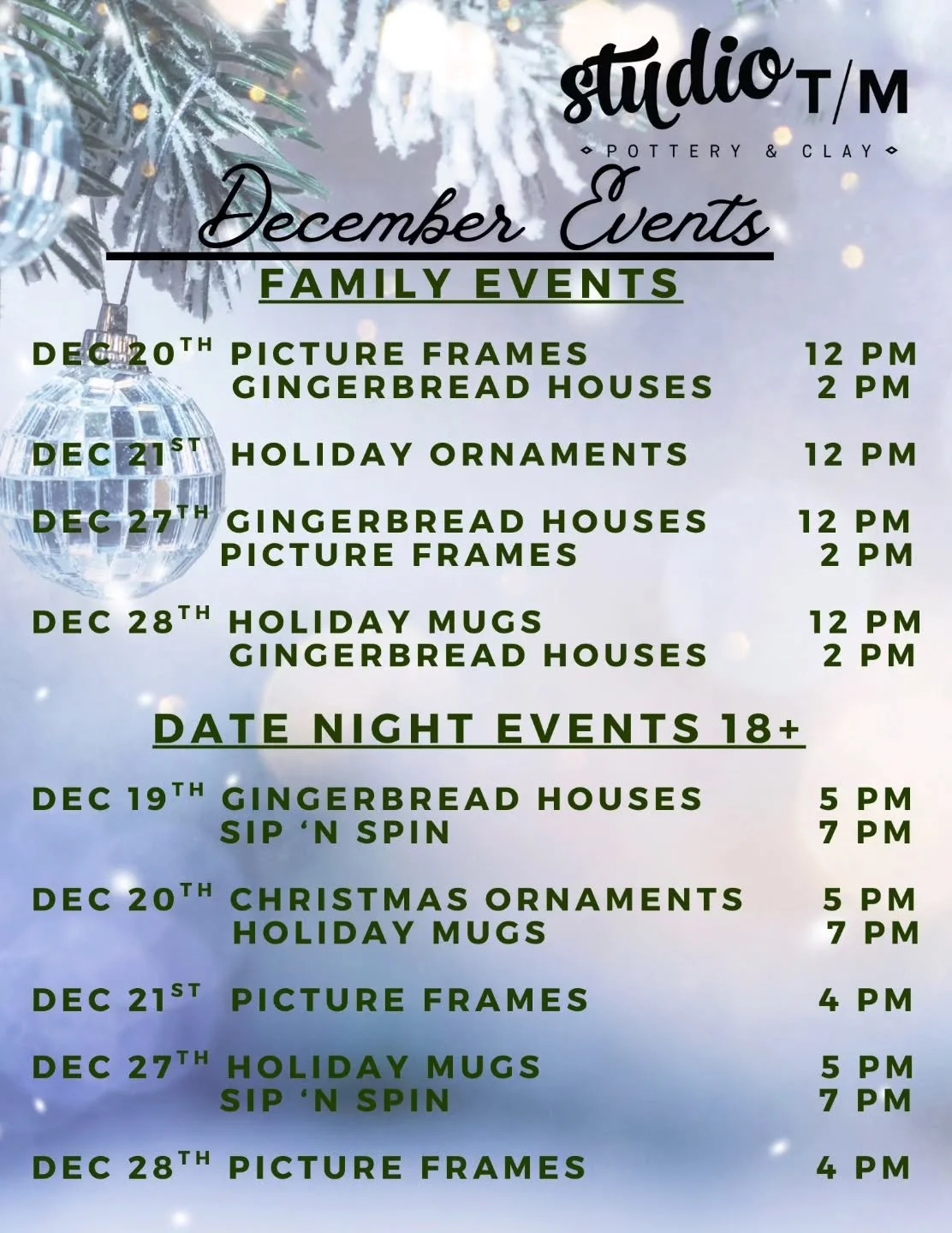 We've got everything you need to launch your holiday celebrations with clay! We've got classes for you and your family, as well as classes for adults to have a date night, friends night out, solstice making, and more! email or dm us for a private eve