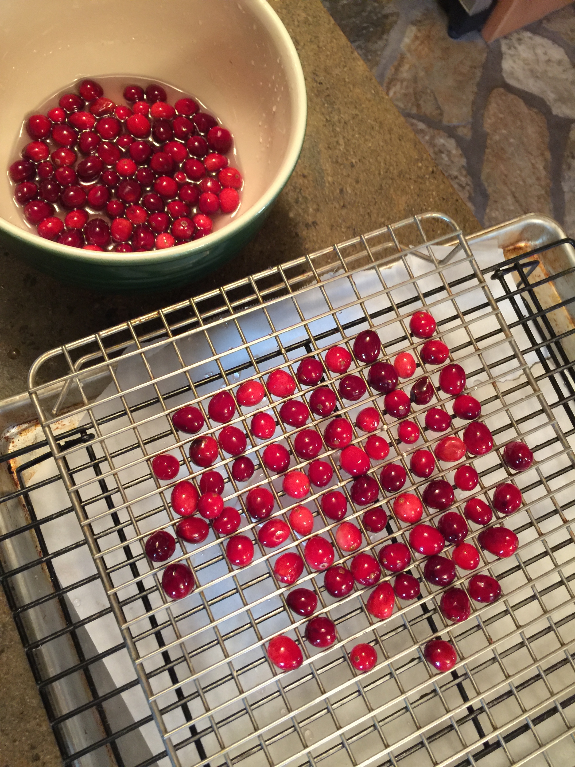 soaking:drying sugared cranberries 2017.JPG