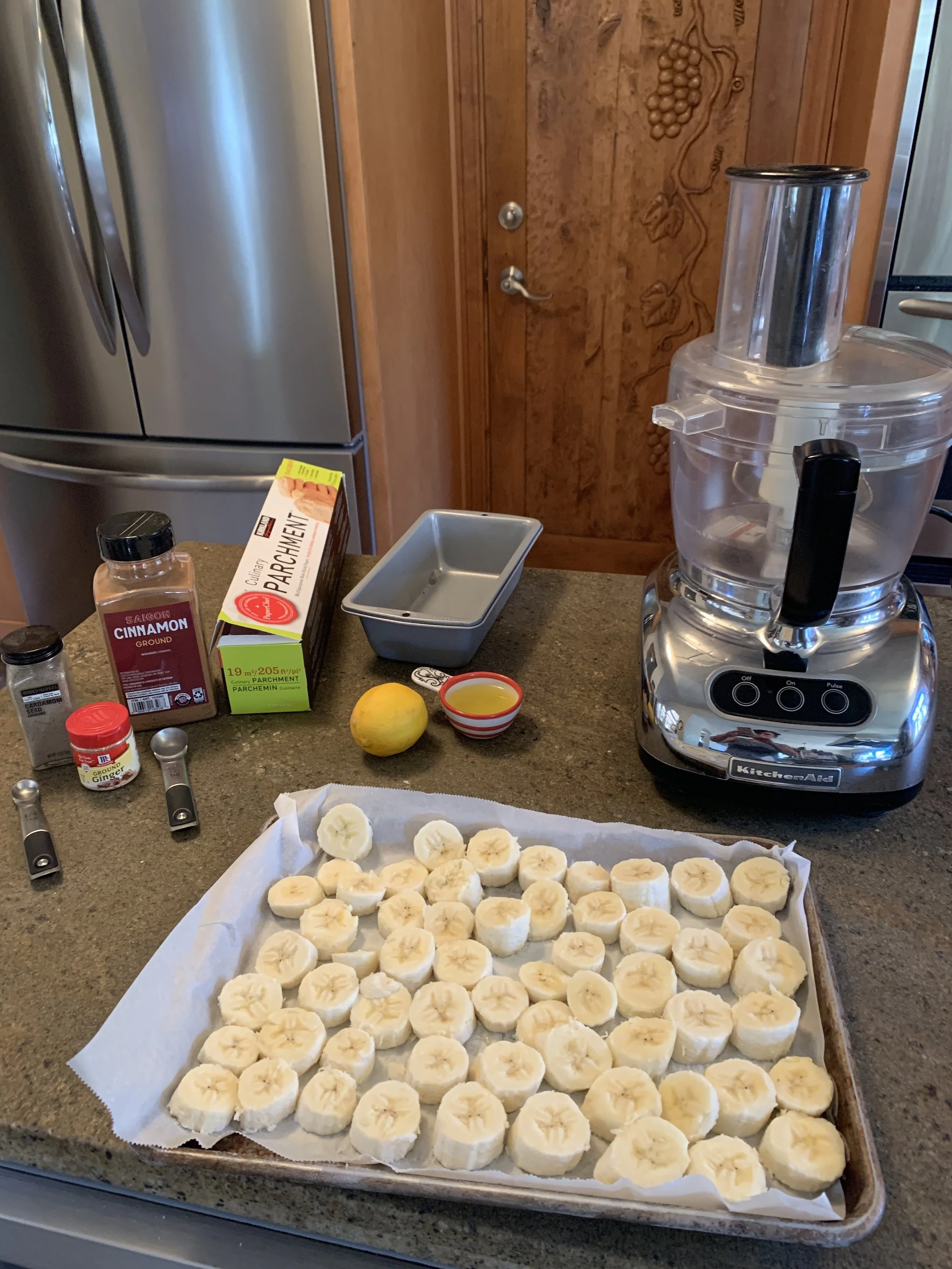 Frozen banana on tray.JPG