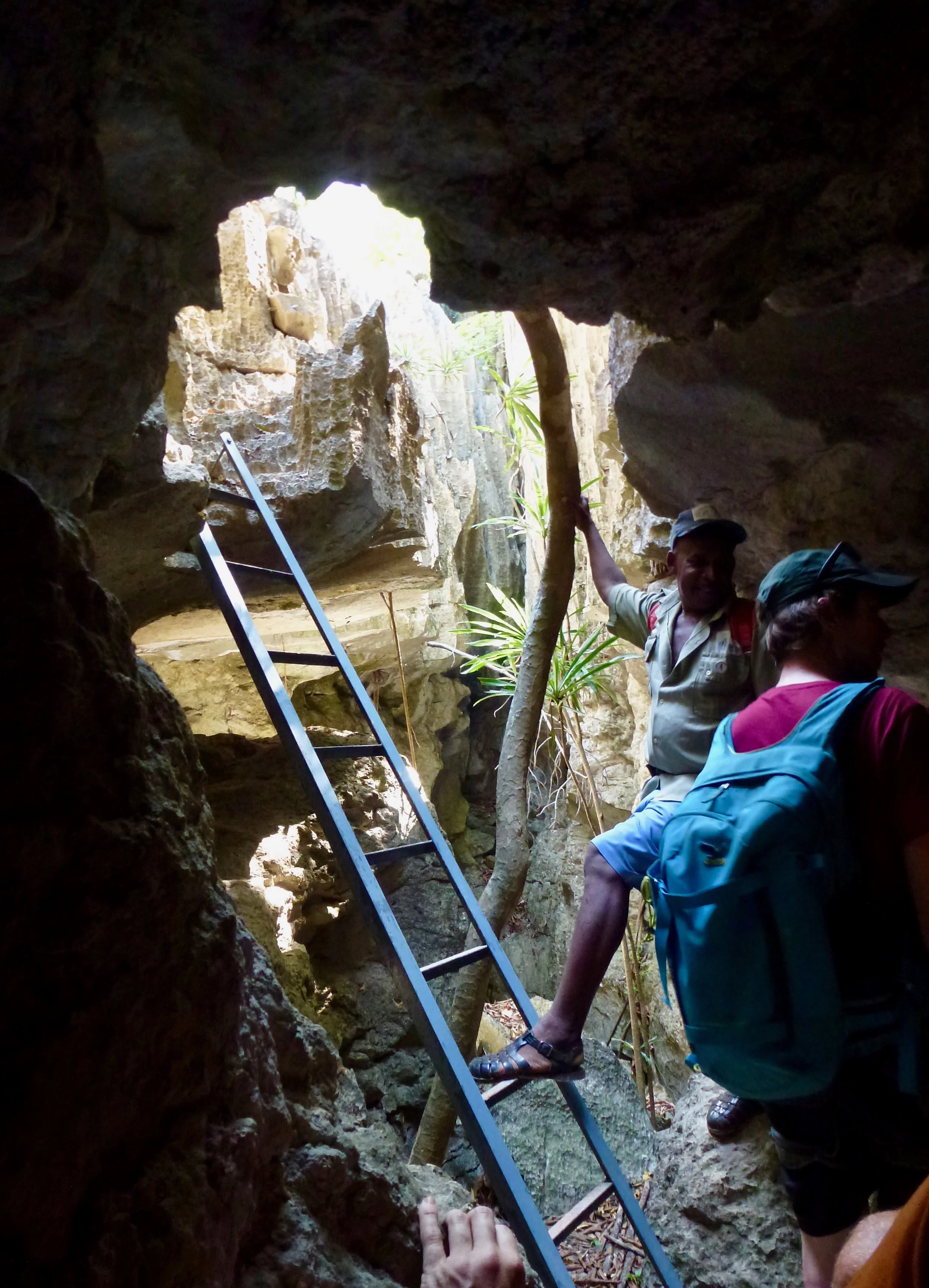 At the end of the cave we emerged here, ready to climb up to the top of the Tsingy.
