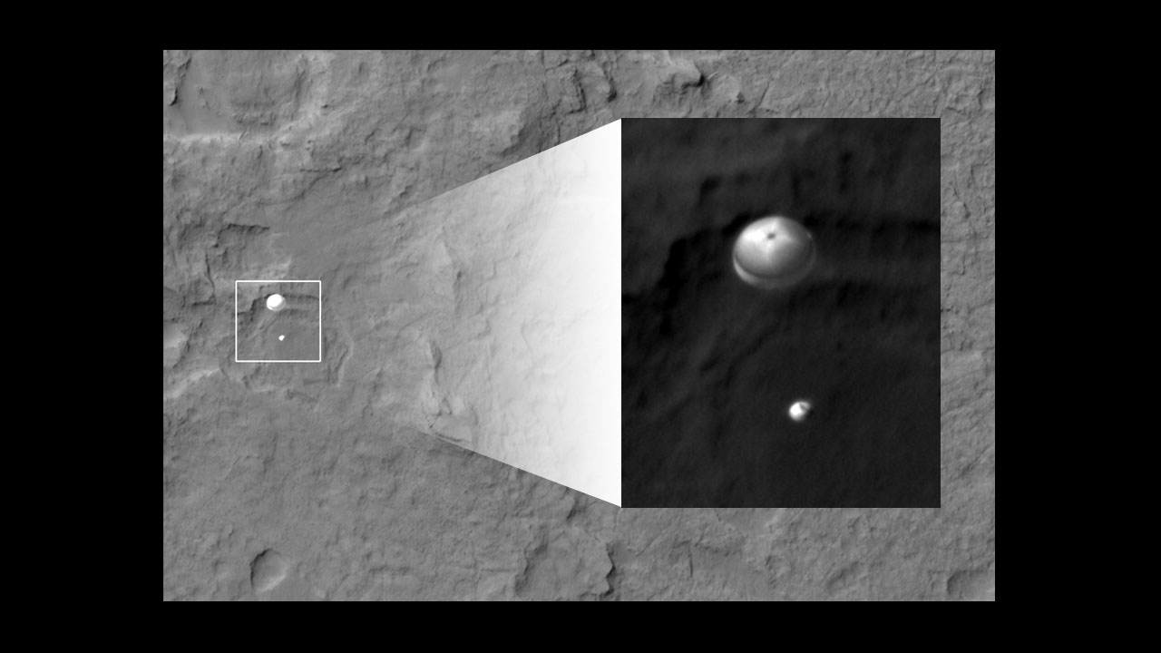 Mars Reconnaissance Orbiter took one of my favorite space images: MSL slowing down under its parachute. Credit: NASA/JPL-Caltech/Univ. of Arizona