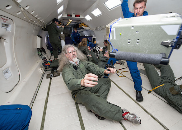 Emory testing his reaction sphere design on a parabolic flight