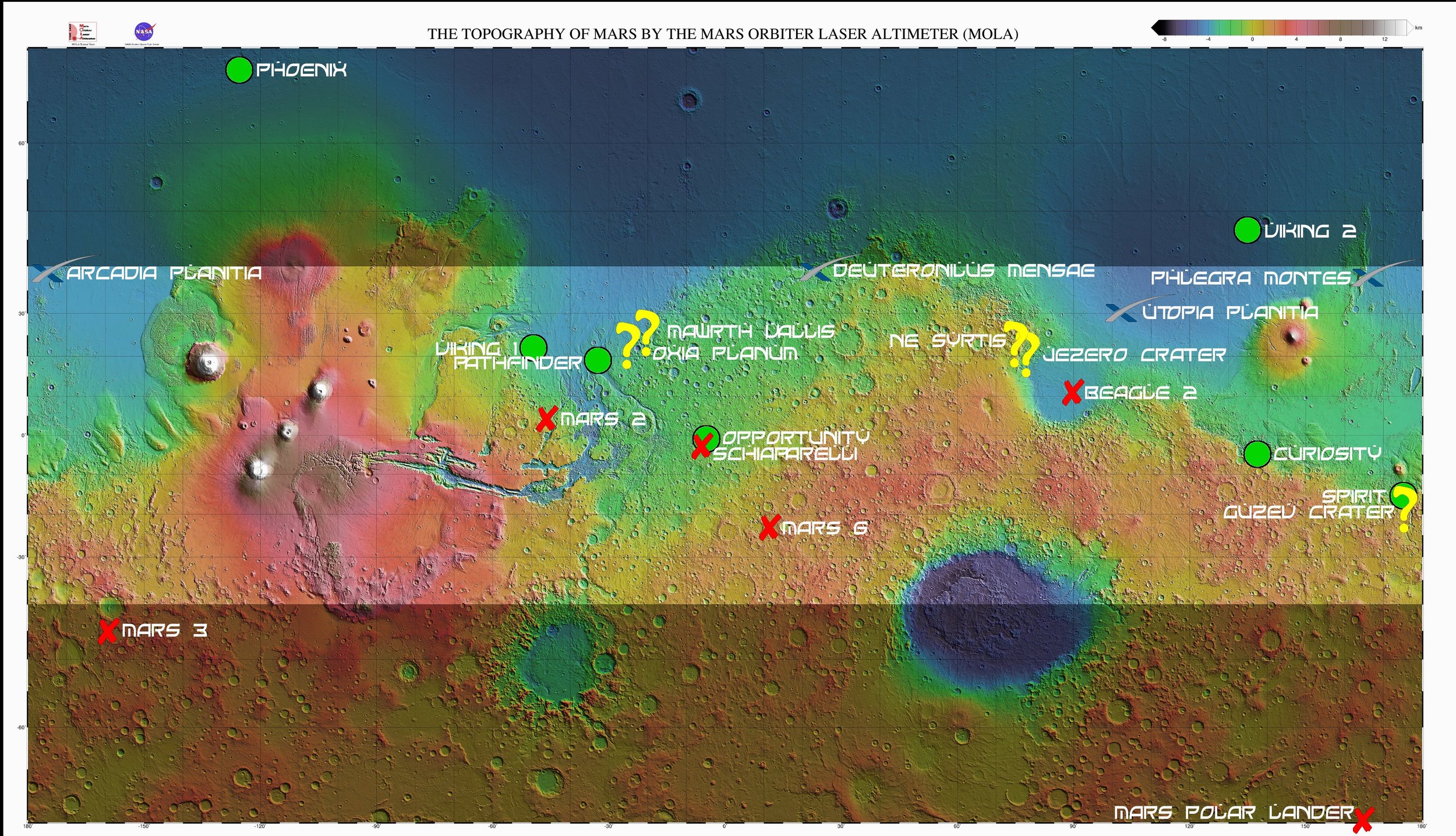 A nice map of prospective landing sites for several missions
