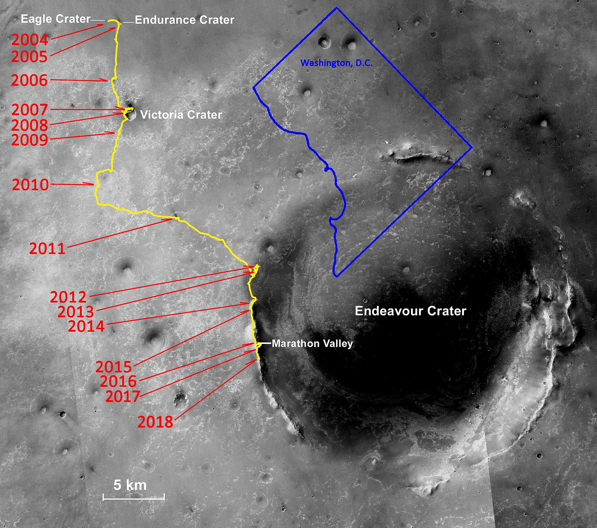 Oppy’s travel path, in comparison to Washington DC