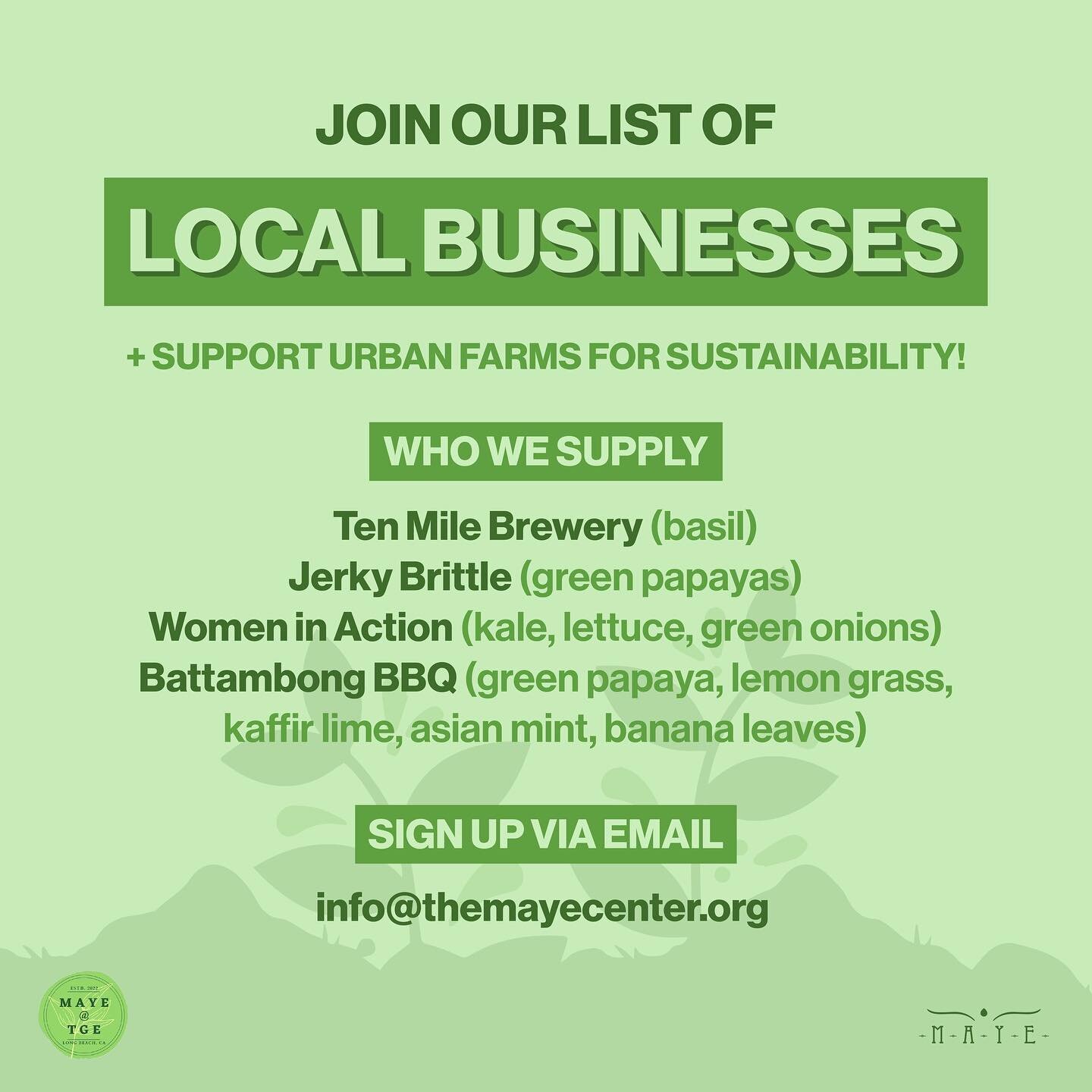 🍋 Join our list of Local Businesses and support urban farms for sustainability!
🥬 We are currently supplying produce to the following businesses: @tenmilebrewing (basil), @jerkybrittle (green papayas), @womeninactionro (kale, lettuce, green onions)