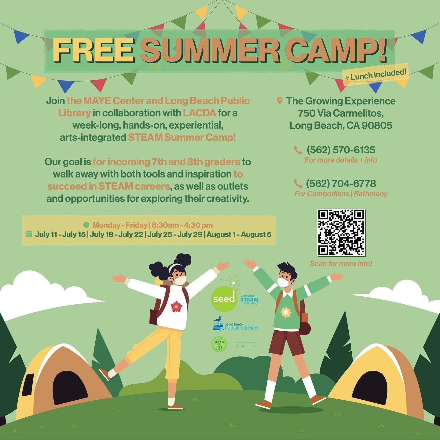 🎨 Join the MAYE Center and Long Beach Public library in collaboration with LACDA at the Growing Experience Urban Farm for a FREE hands-on, experiential, arts-integrated STEAM Summer Camp!

🌈 This is a perfect opportunity for incoming 7th and 8th gr