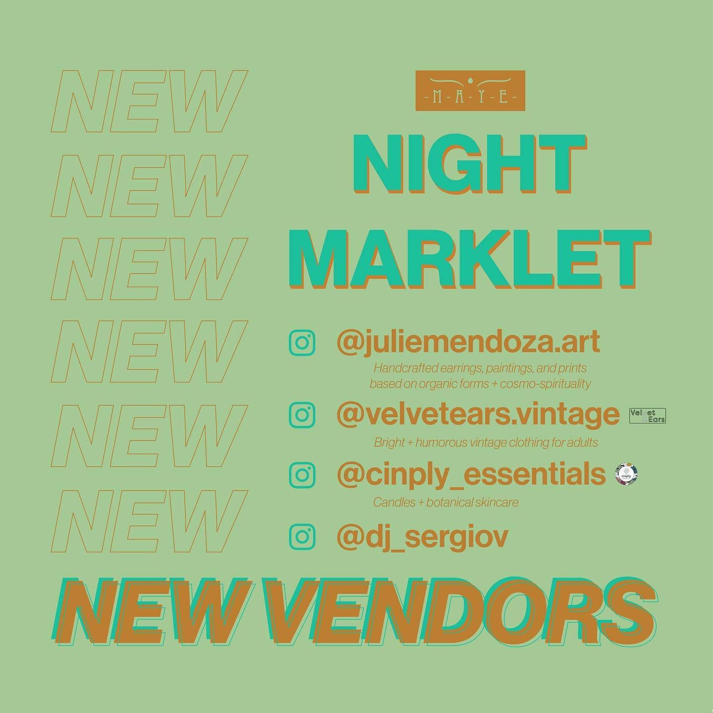🍾 Check out our 🆕 vendors for the Night Marklet: @juliemendoza.art @velvetears.vintage @cinply_essentials @dj_sergiov!

🗓 Quick reminder that our Night Marklet is this Sunday, July 3rd, from 3-7pm in Cambodia Town at the MAYE Center. Hope to see y