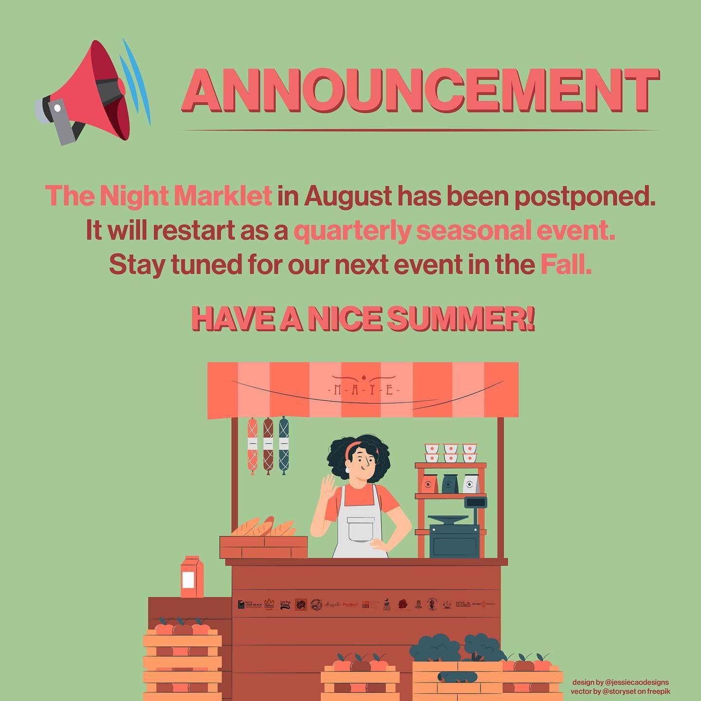 📣 ANNOUNCEMENT: The upcoming Night Marklet in August has been postponed and will restart as a quarterly seasonal event. Have a nice Summer, and stay tuned for our next event in the Fall.

🏷 #themayecenter #themayecenterlb #longbeach #nightmarklet