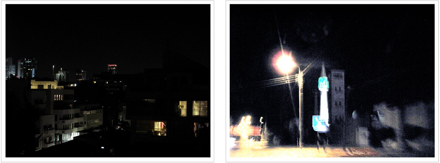  (left) 21:00, May 24, “Retiring for the Night, Tel Aviv”, Israel. (right) 22:30, May 29, “Entering Ramallah”, Area A, within The West Bank, The Occupied Territories.