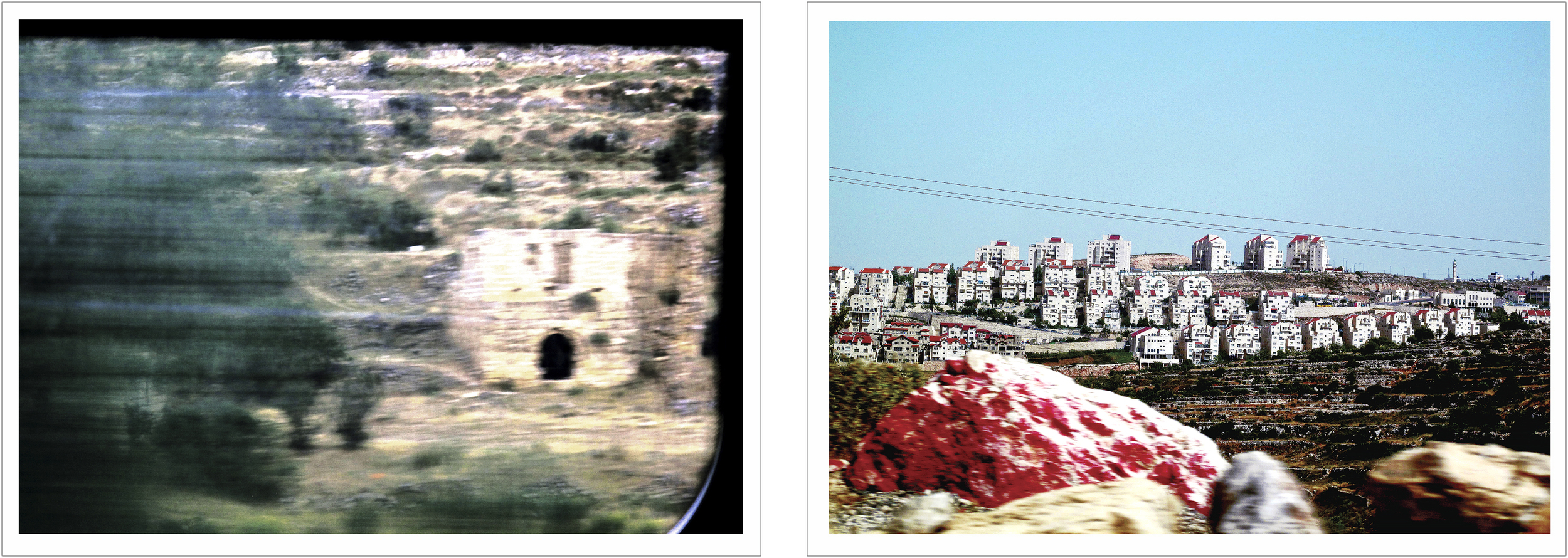  (left) 16:15, May 29, 2013 “Village Remnants: inside the Green Line, 31°49'N 34°59’E”. (right) 15:23, May 31, 2013 “Red Rock along Highway 60, Erfat Israeli Settlement", The West Bank, The Occupied Territories. 