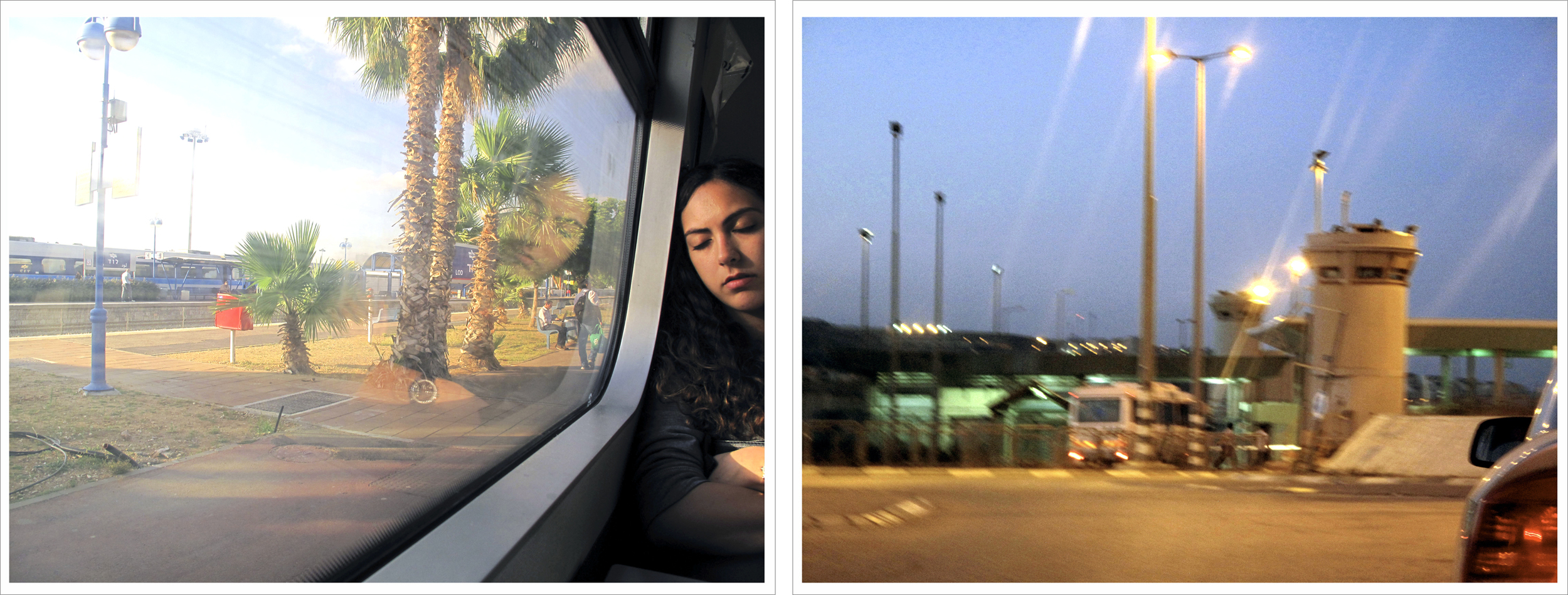  (left) 17:15, May 26, 2013 “Train Stop: Lydda / Lod”. (right) 19:00, May 26, 2013 “Arrival Qalandiya Checkpoint", The West Bank, The Occupied Territories. 